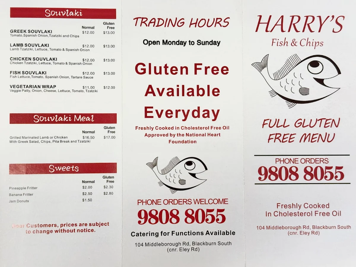 Menu, Harry's Fish & Chips In Blackburn South