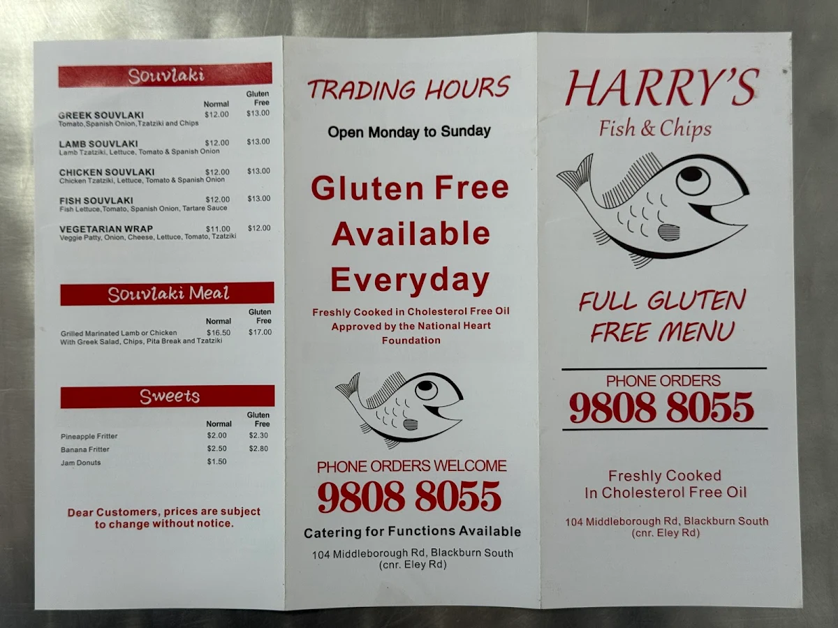 Menu, Harry's Fish & Chips In Blackburn South
