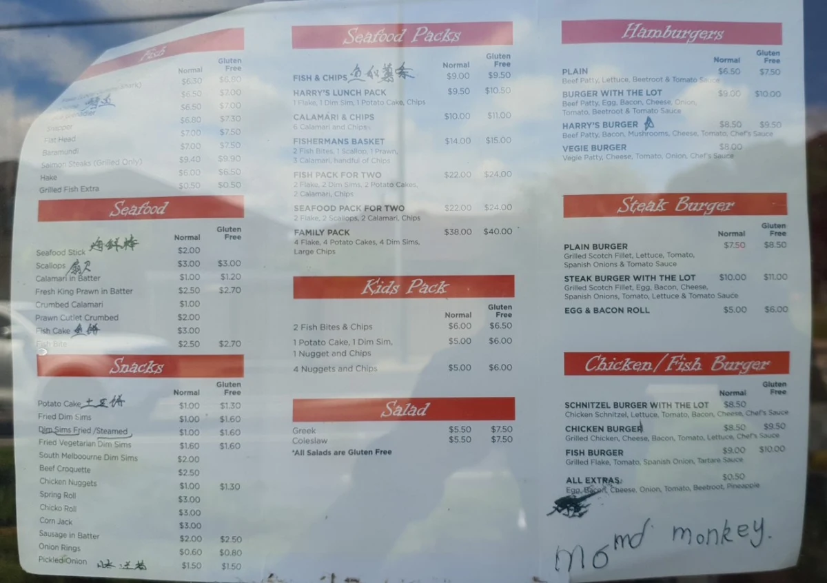 Menu, Harry's Fish & Chips In Blackburn South