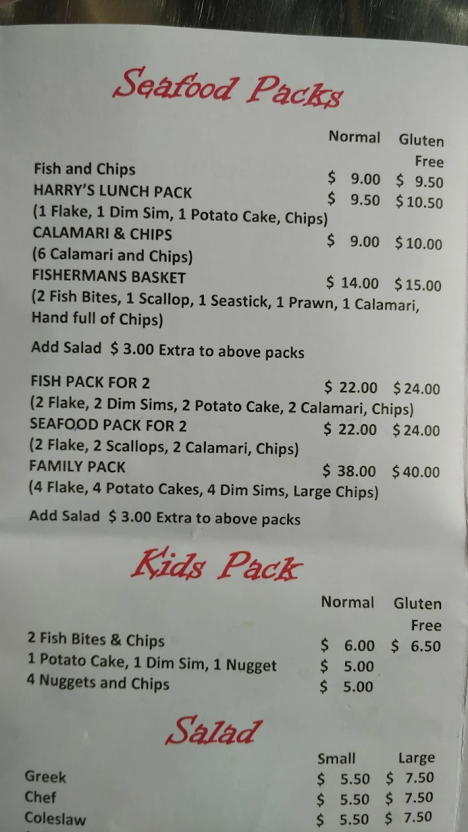 Menu, Harry's Fish & Chips In Blackburn South