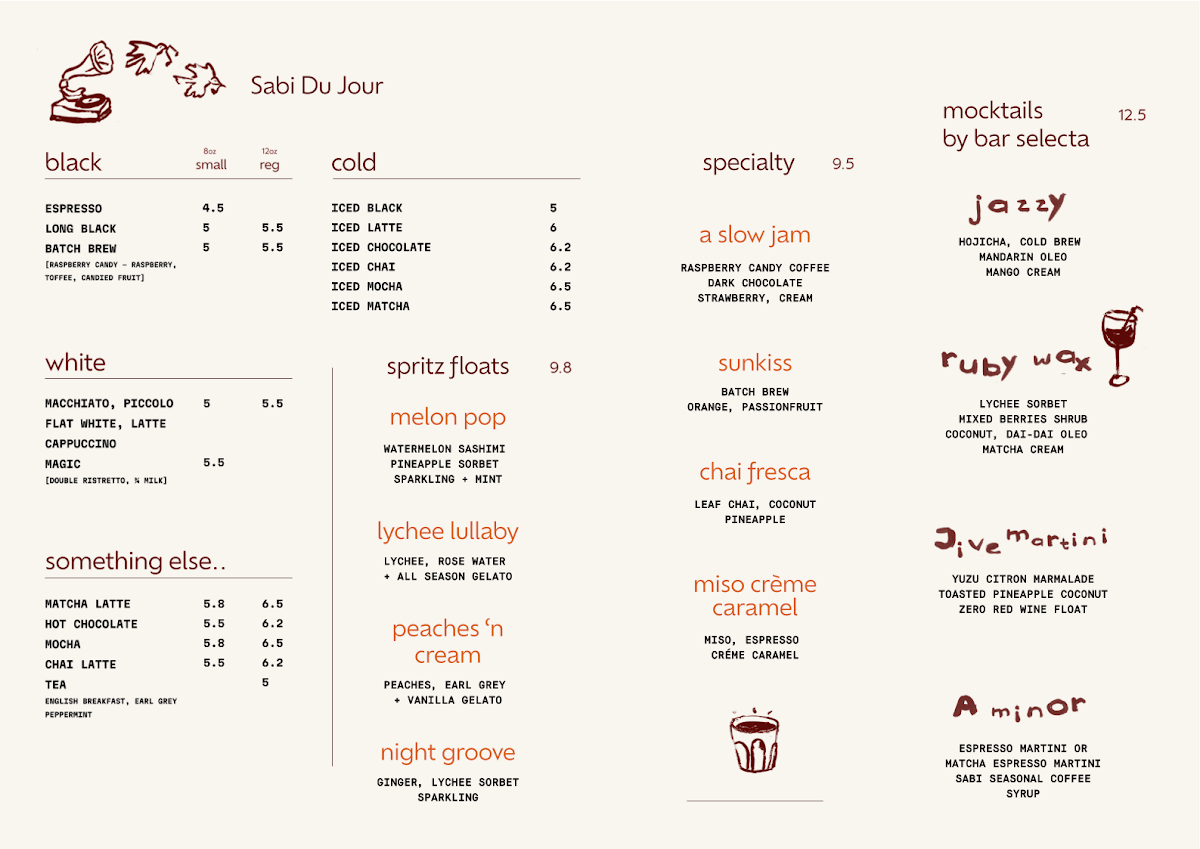 Menu, Sabi Sounds Listening Café & Record Lounge