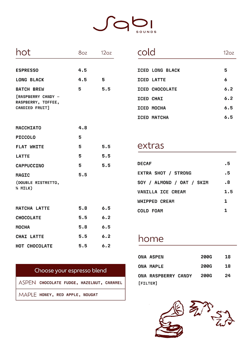 Menu, Sabi Sounds Listening Café & Record Lounge