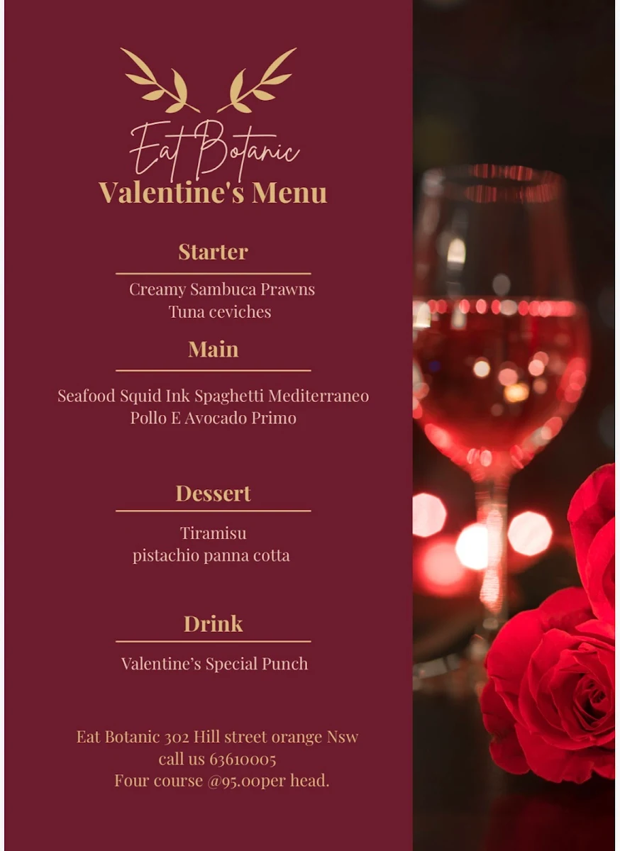 Menu, Eat Botanic restaurant and Bar