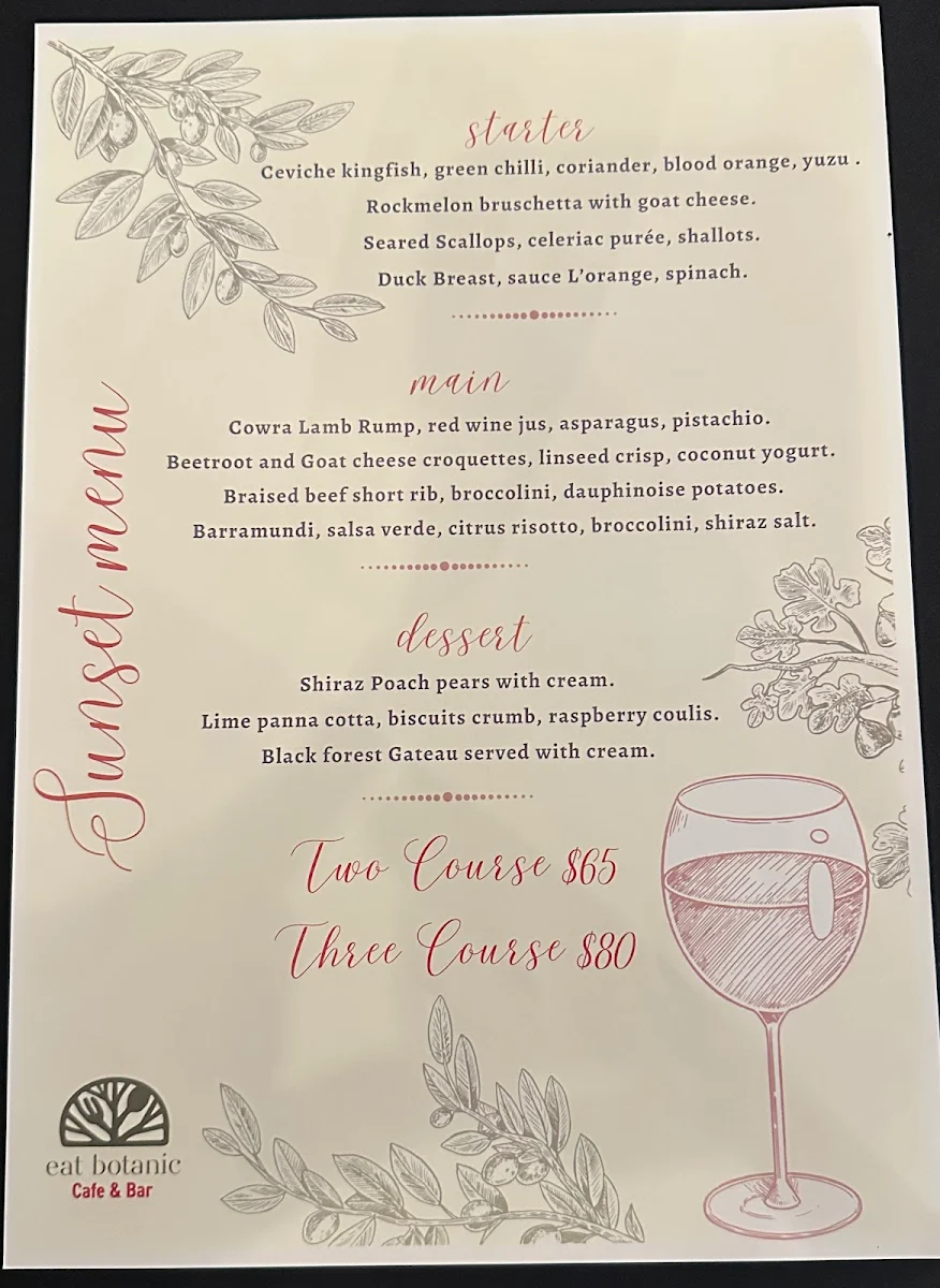 Menu, Eat Botanic restaurant and Bar