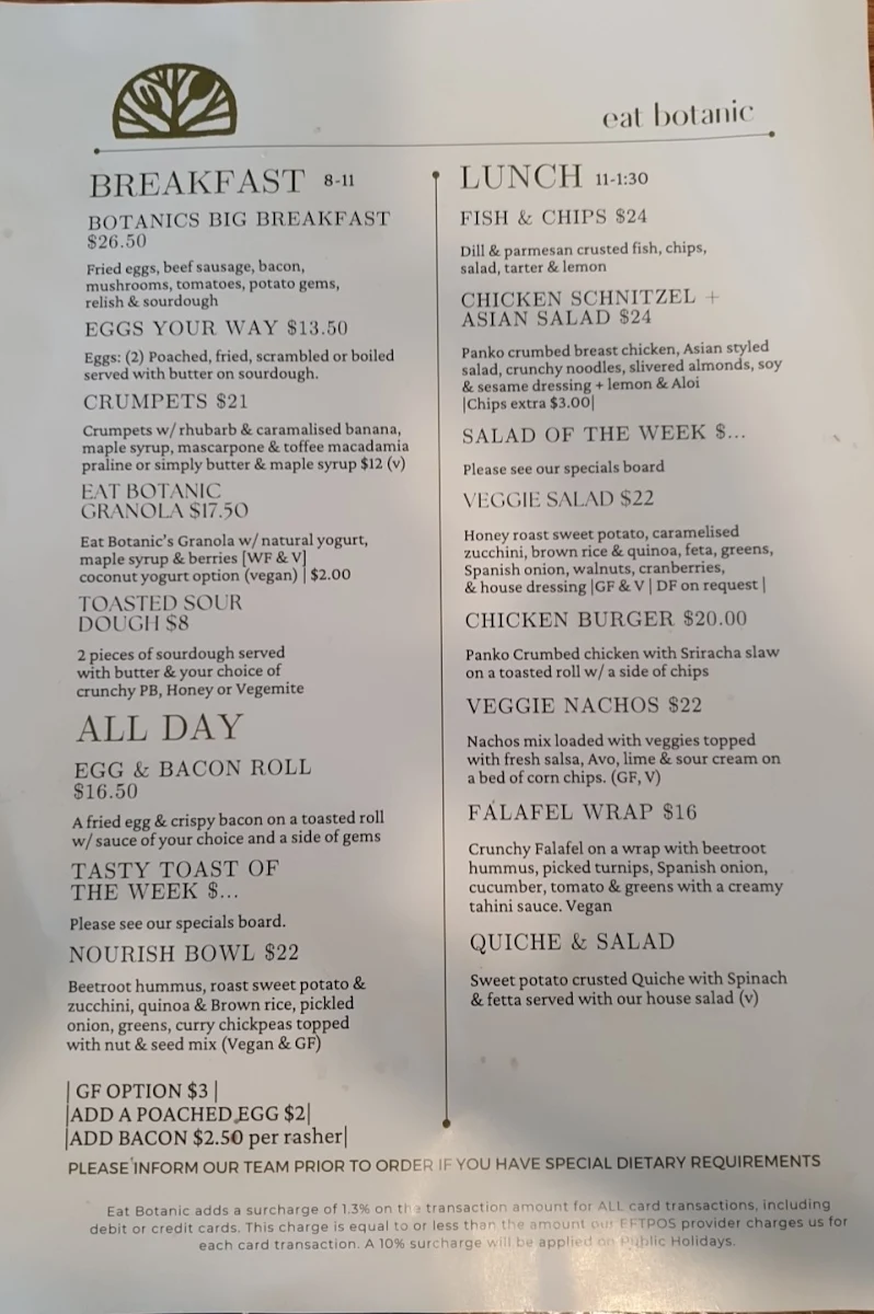 Menu, Eat Botanic restaurant and Bar