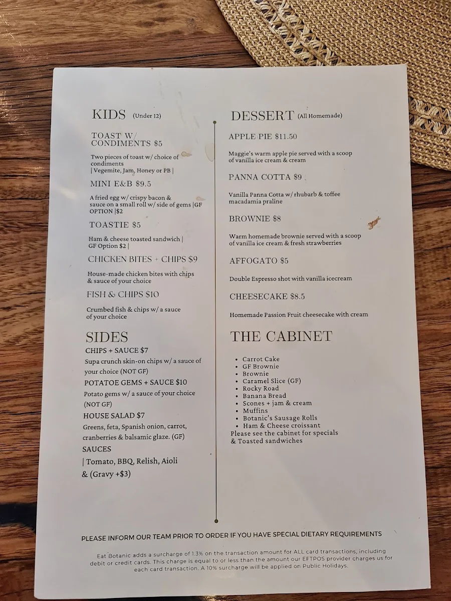 Menu, Eat Botanic restaurant and Bar
