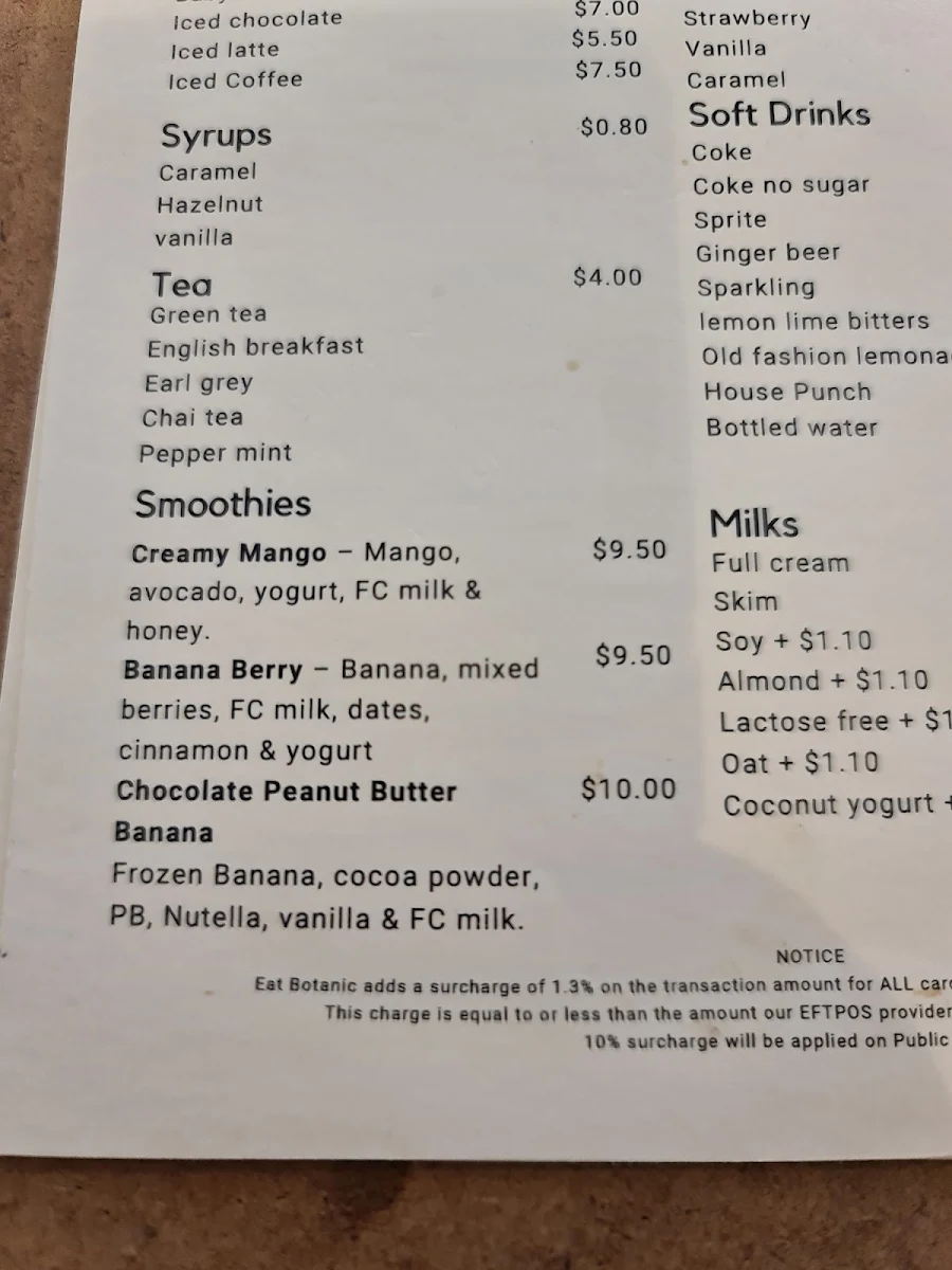 Menu, Eat Botanic restaurant and Bar