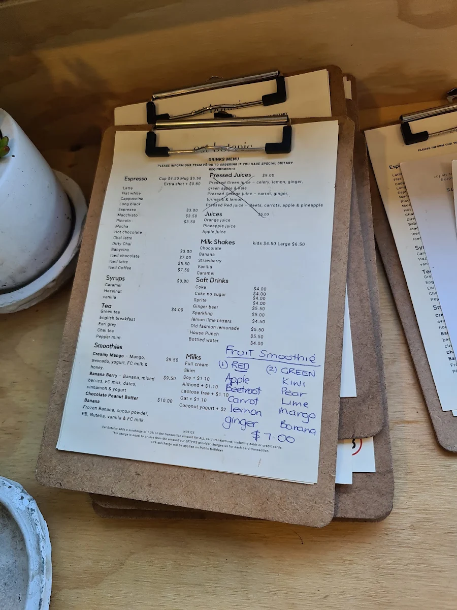Menu, Eat Botanic restaurant and Bar
