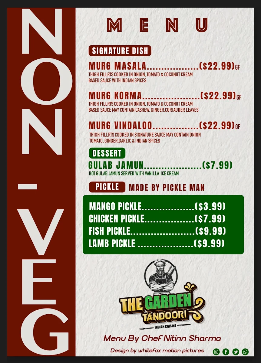 Menu, The Garden Tandoori