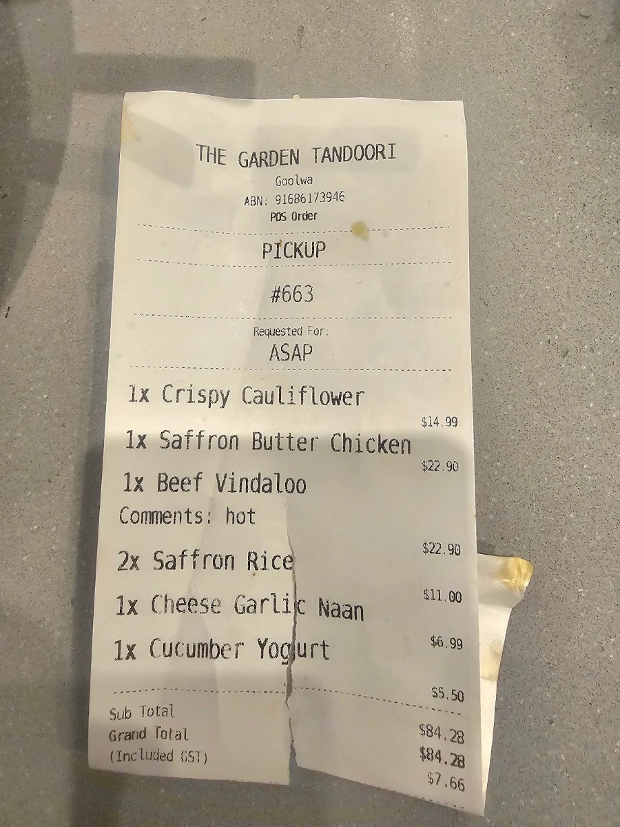 Menu, The Garden Tandoori