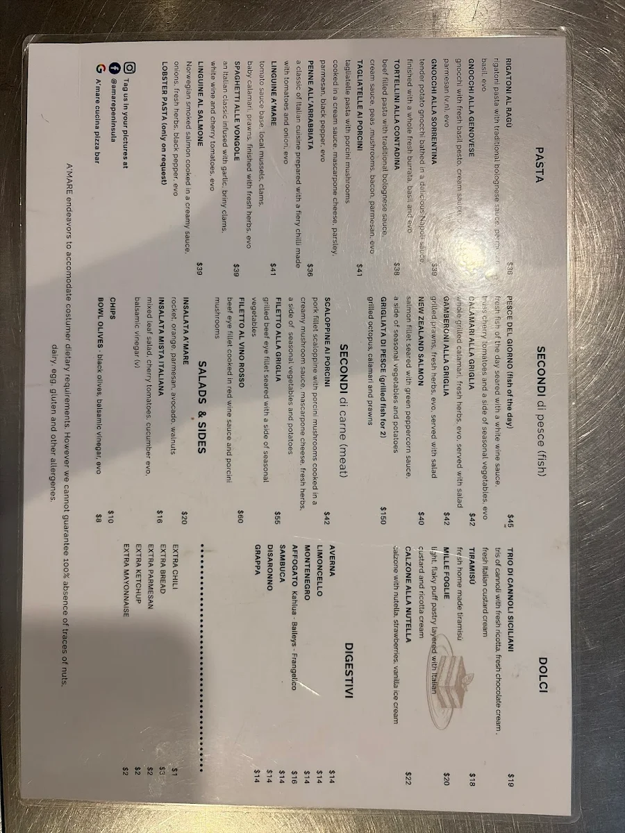 Menu, Amare Cucina Pizza Bar