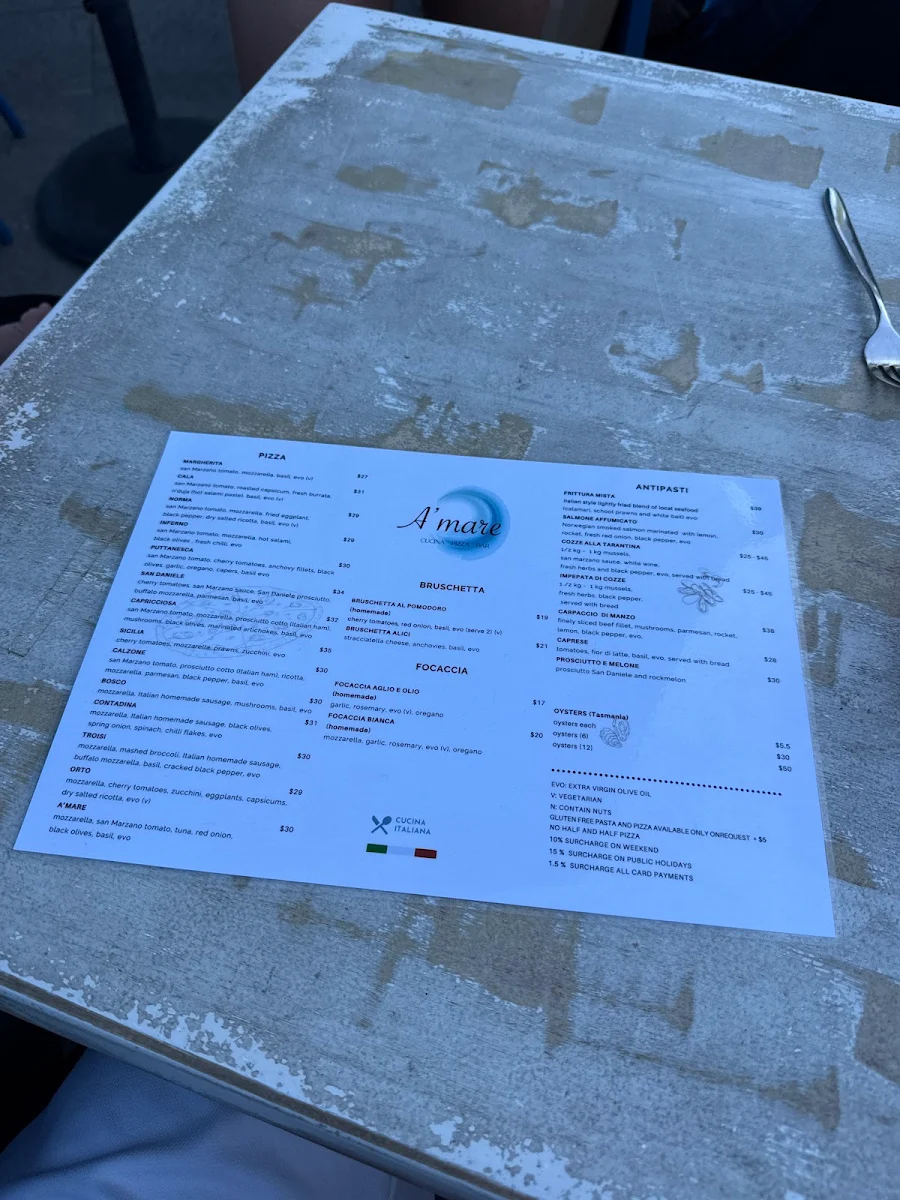 Menu, Amare Cucina Pizza Bar