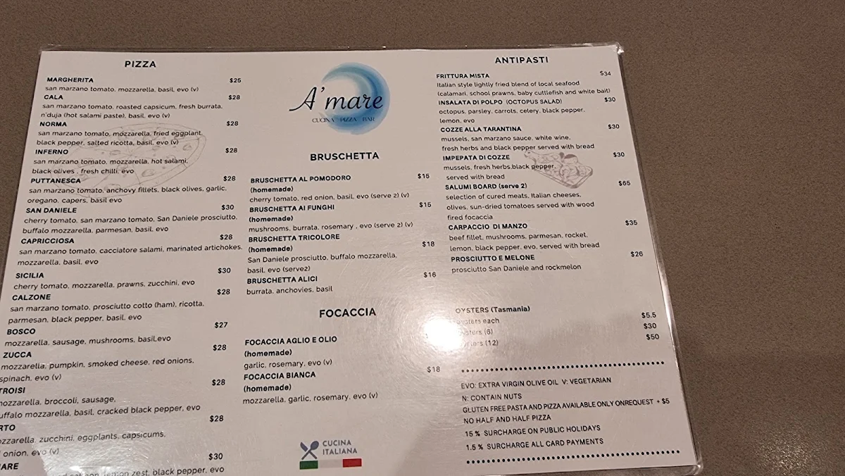 Menu, Amare Cucina Pizza Bar