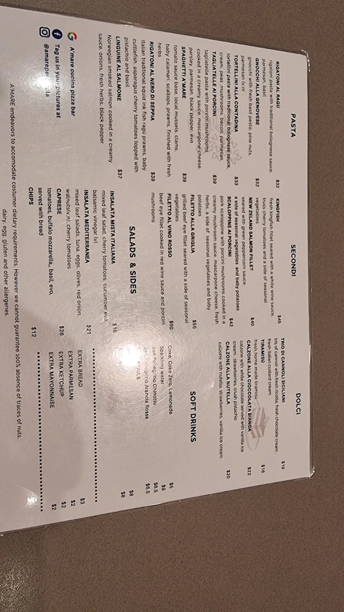 Menu, Amare Cucina Pizza Bar
