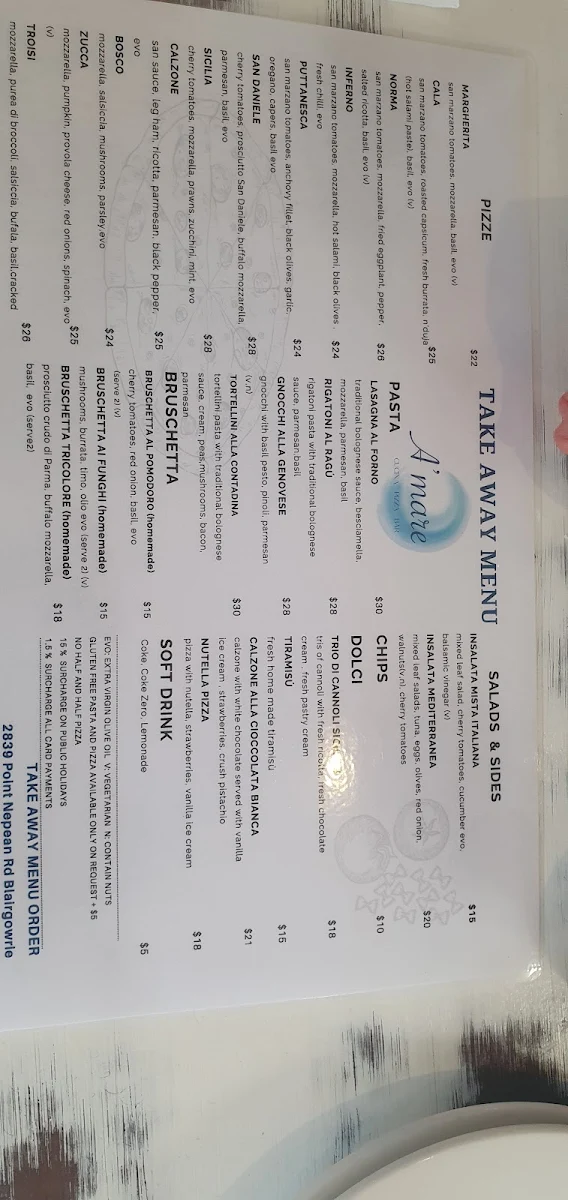 Menu, Amare Cucina Pizza Bar