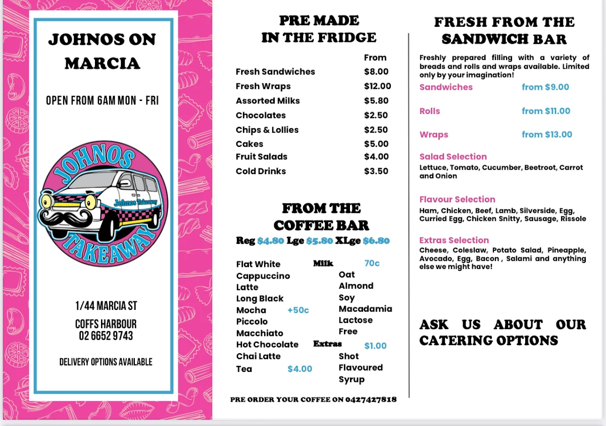 Menu, Johno's Takeaway on Marcia