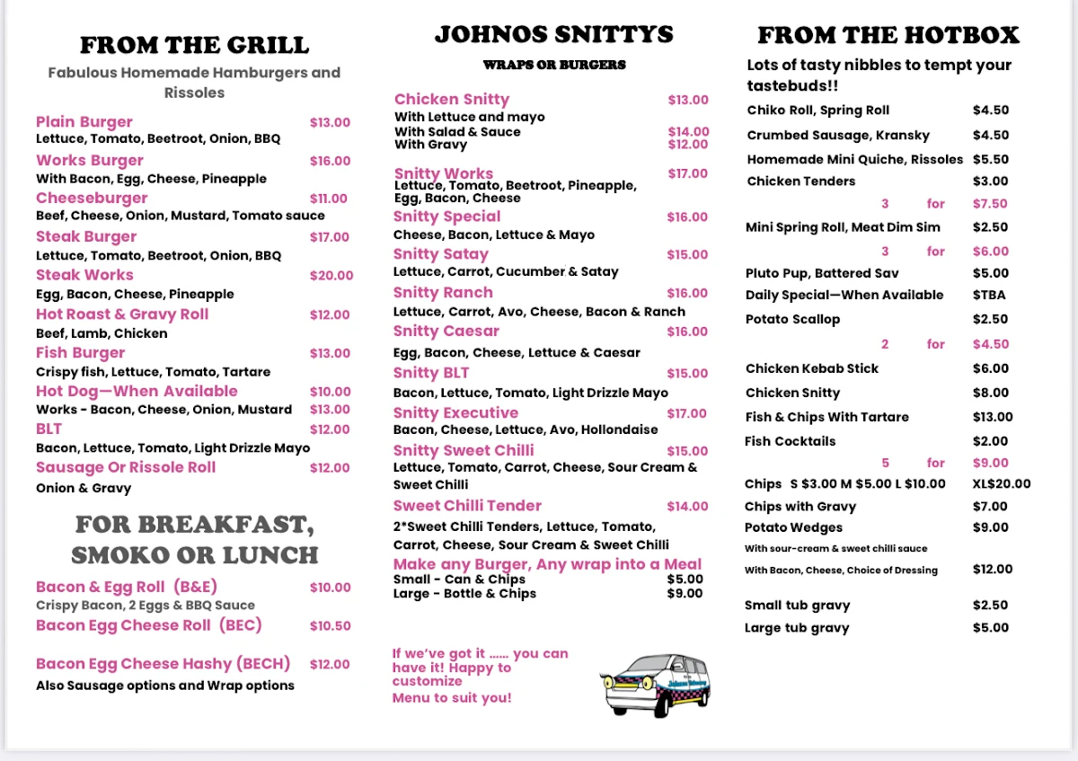 Menu, Johno's Takeaway on Marcia