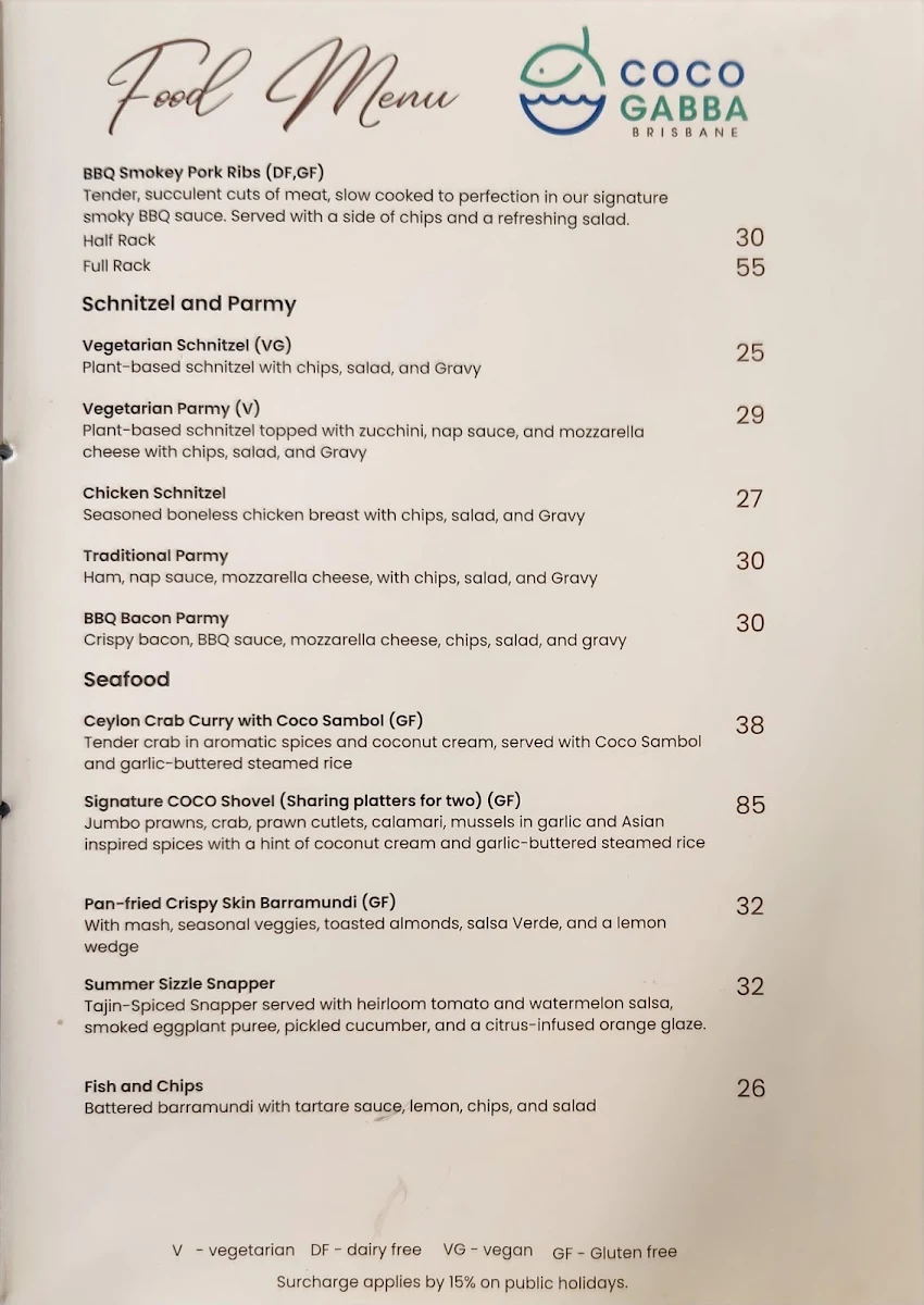 Menu, COCO GABBA FISH & CHIPS