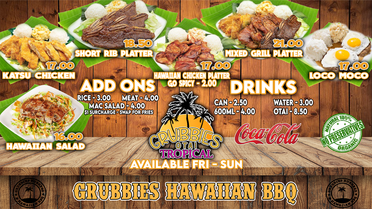 Menu, Grubbies Burgers & Hawaiian BBQ