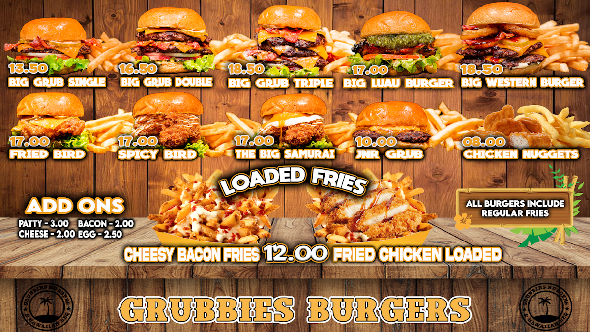 Menu, Grubbies Burgers & Hawaiian BBQ