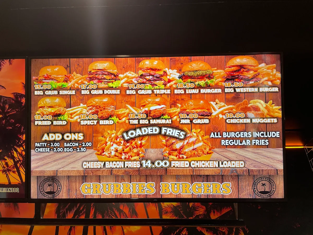 Menu, Grubbies Burgers & Hawaiian BBQ