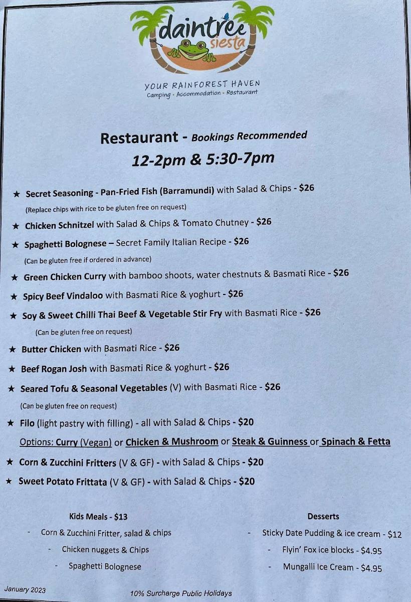 Menu, Daintree Siesta Restaurant