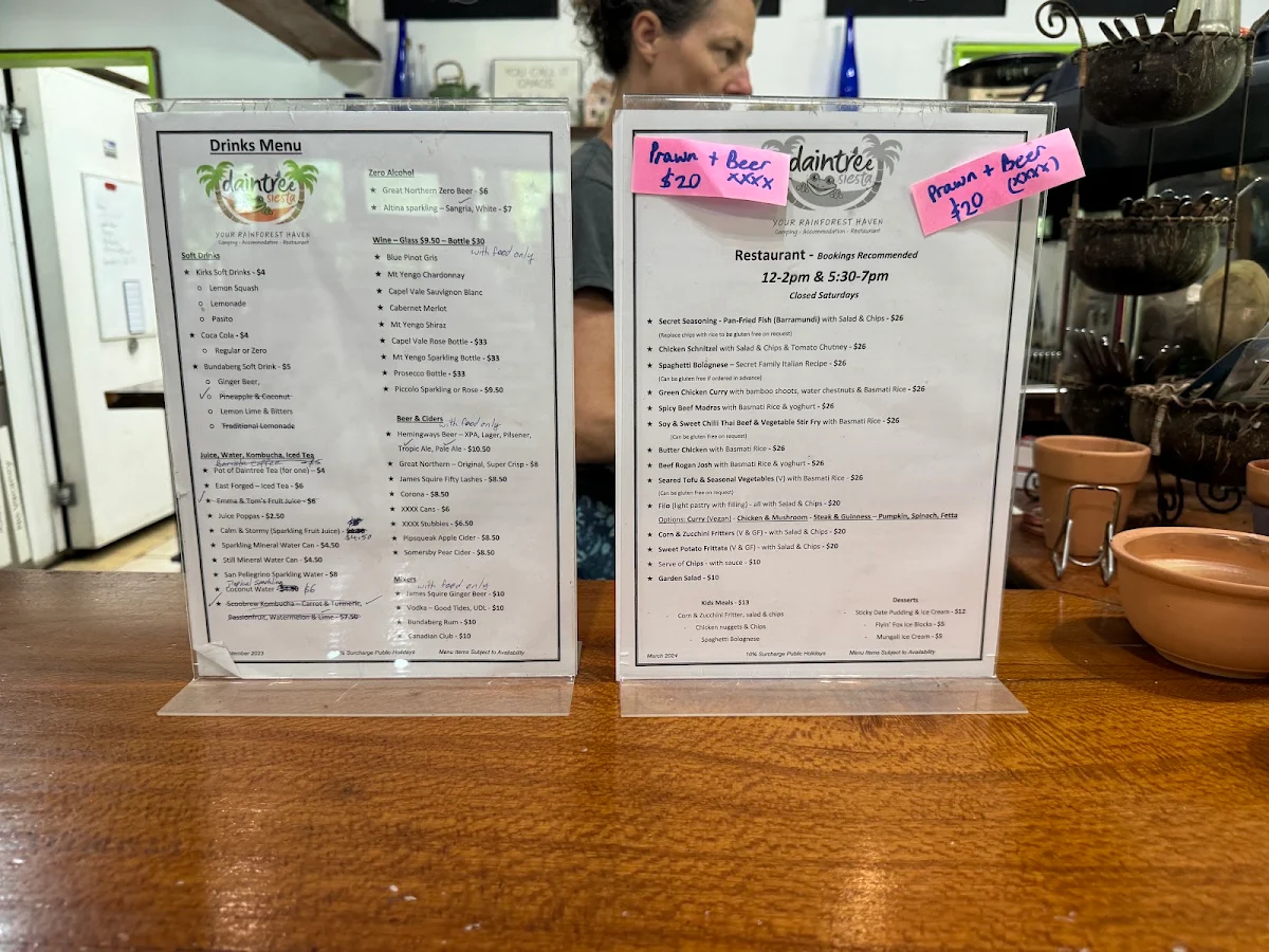 Menu, Daintree Siesta Restaurant