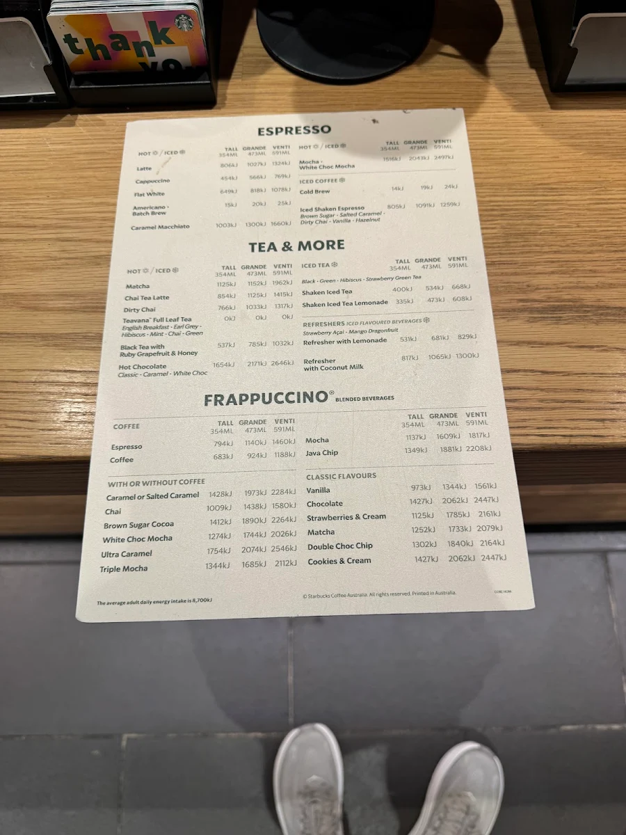 Menu, Starbucks Cavill Ave