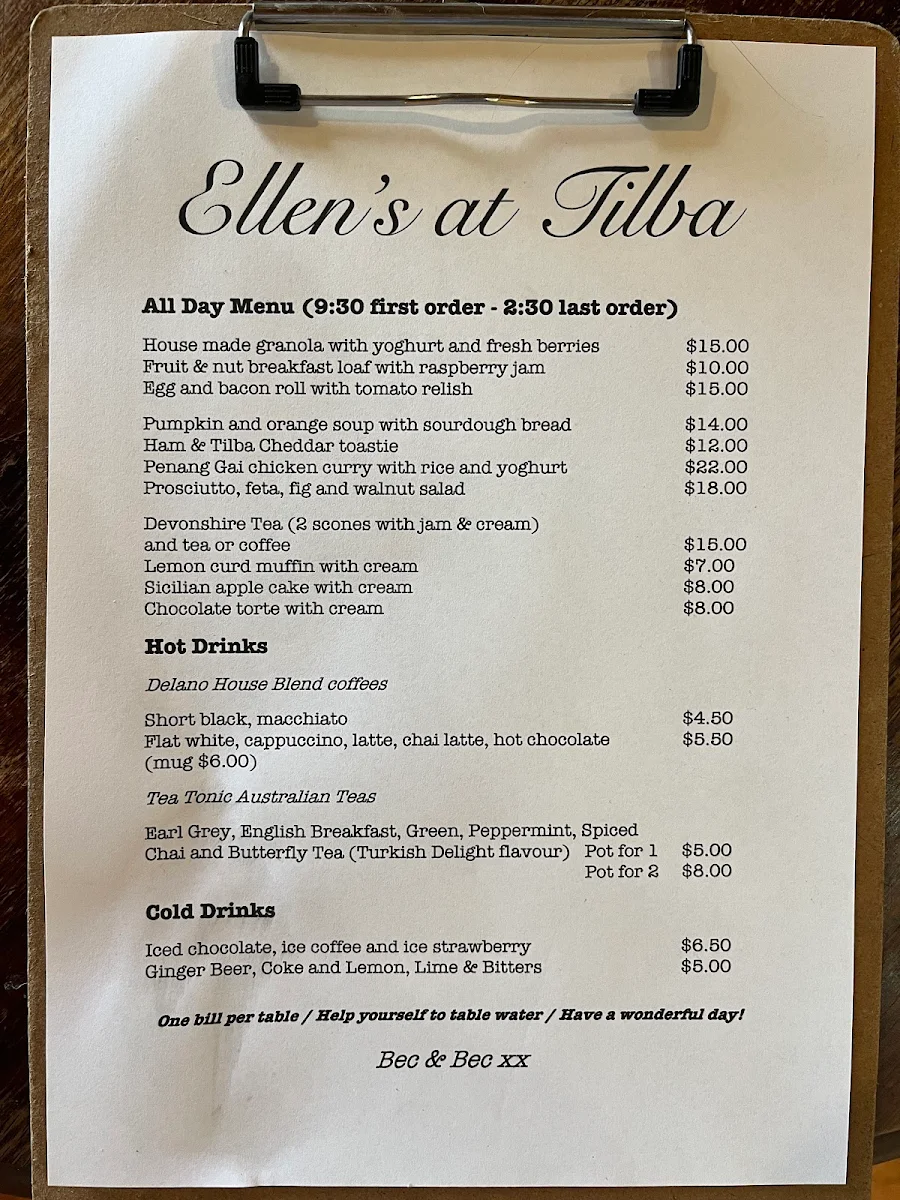 Menu, Ellens at Tilba (formerly Tilba Tea Pot)