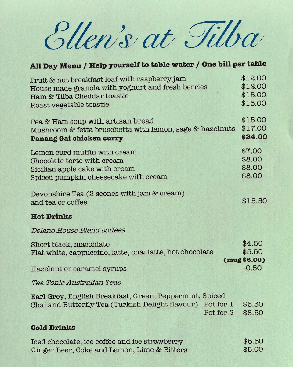 Menu, Ellens at Tilba (formerly Tilba Tea Pot)