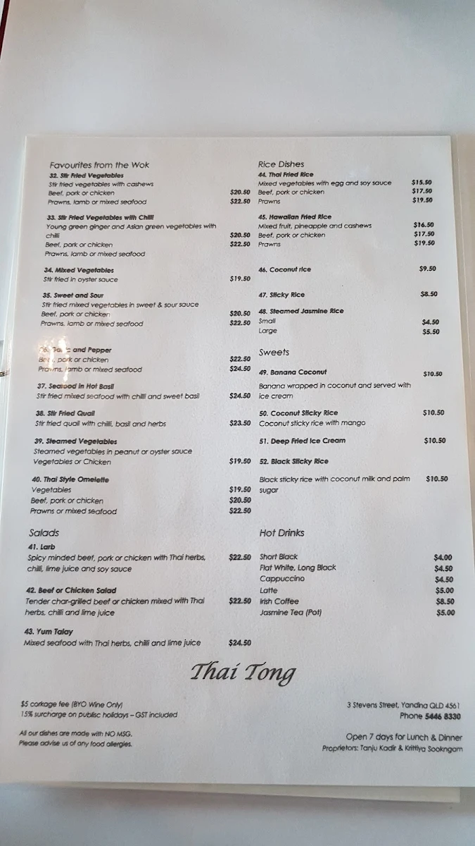 Menu, Thai Tong Restaurant