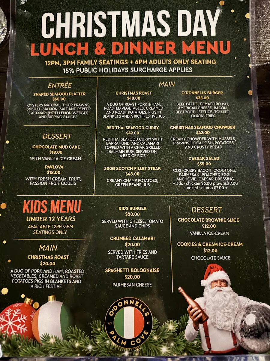Menu, O’Donnells Irish Bar and Grill