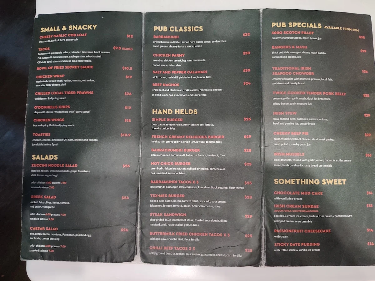 Menu, O’Donnells Irish Bar and Grill
