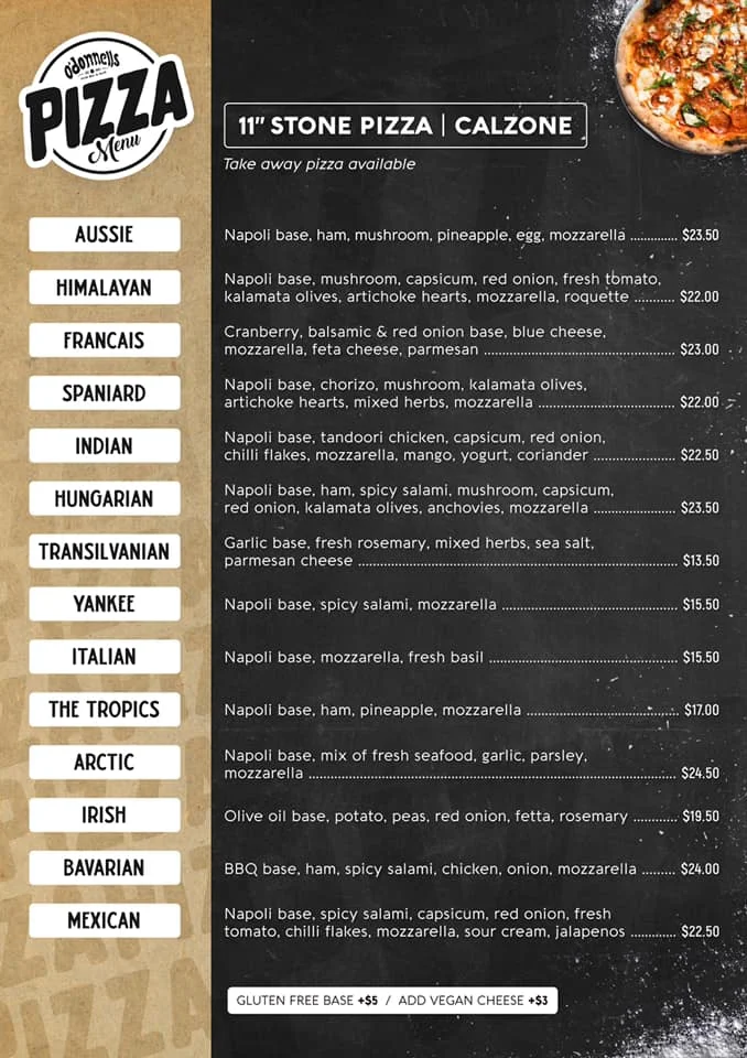 Menu, O’Donnells Irish Bar and Grill