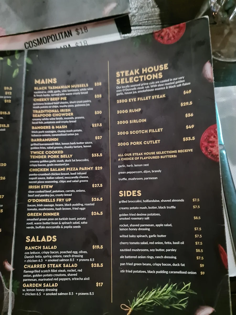 Menu, O’Donnells Irish Bar and Grill