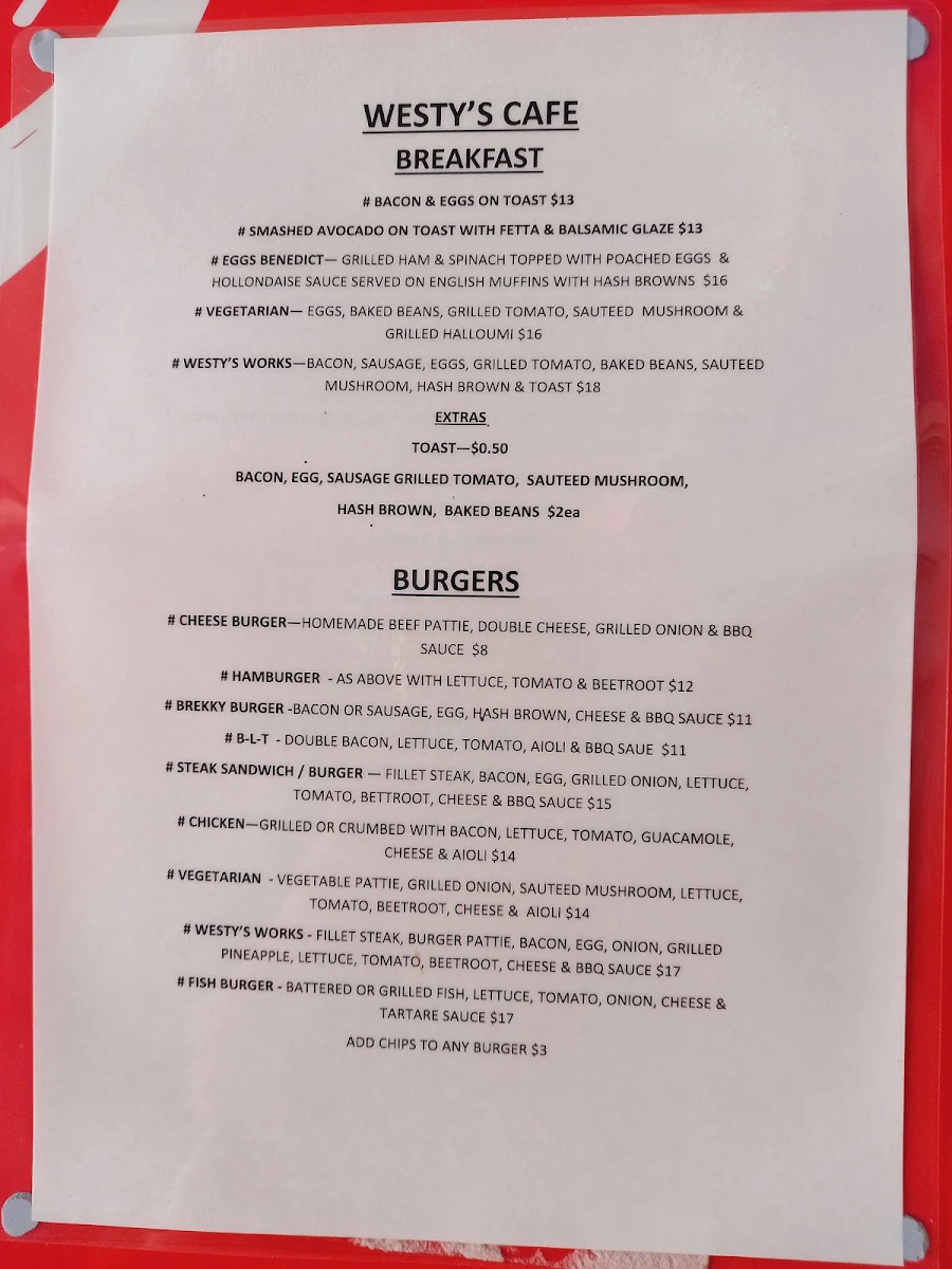 Menu, Westy’s Cafe