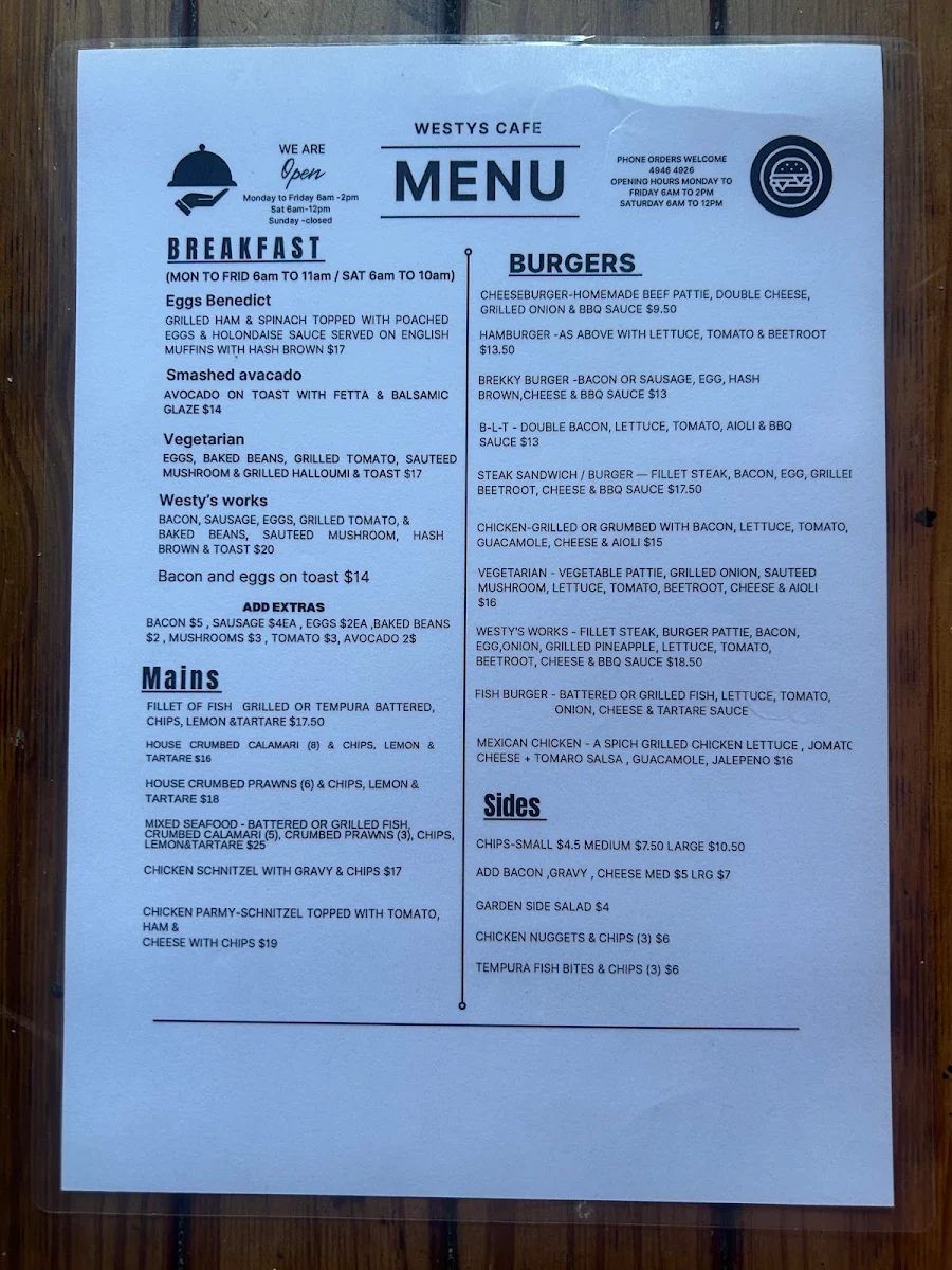 Menu, Westy’s Cafe