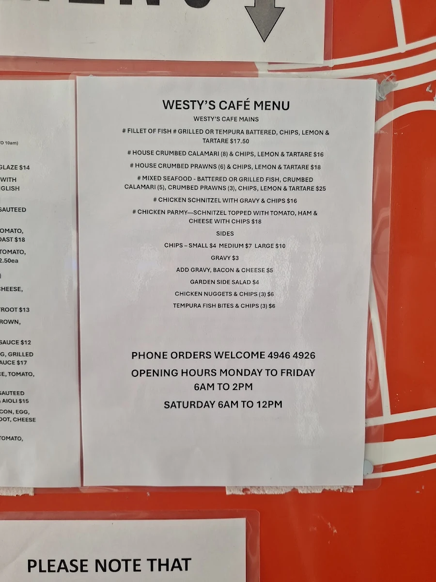 Menu, Westy’s Cafe
