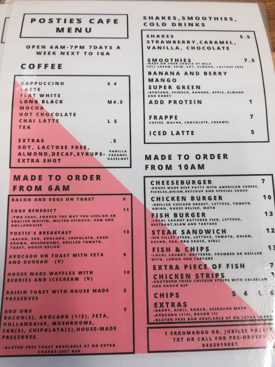 Menu, Westy’s Cafe
