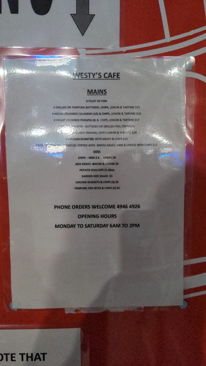 Menu, Westy’s Cafe