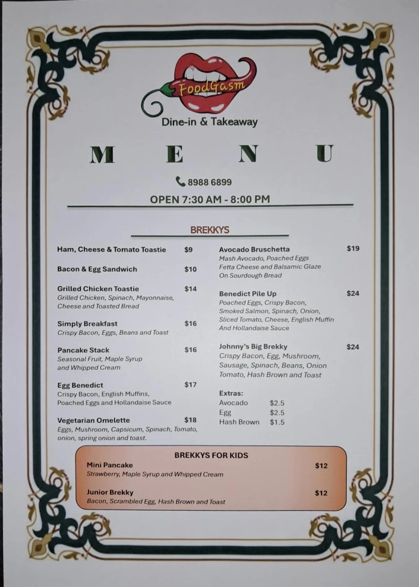 Menu, Foodgasm Dine-in & Takeaway