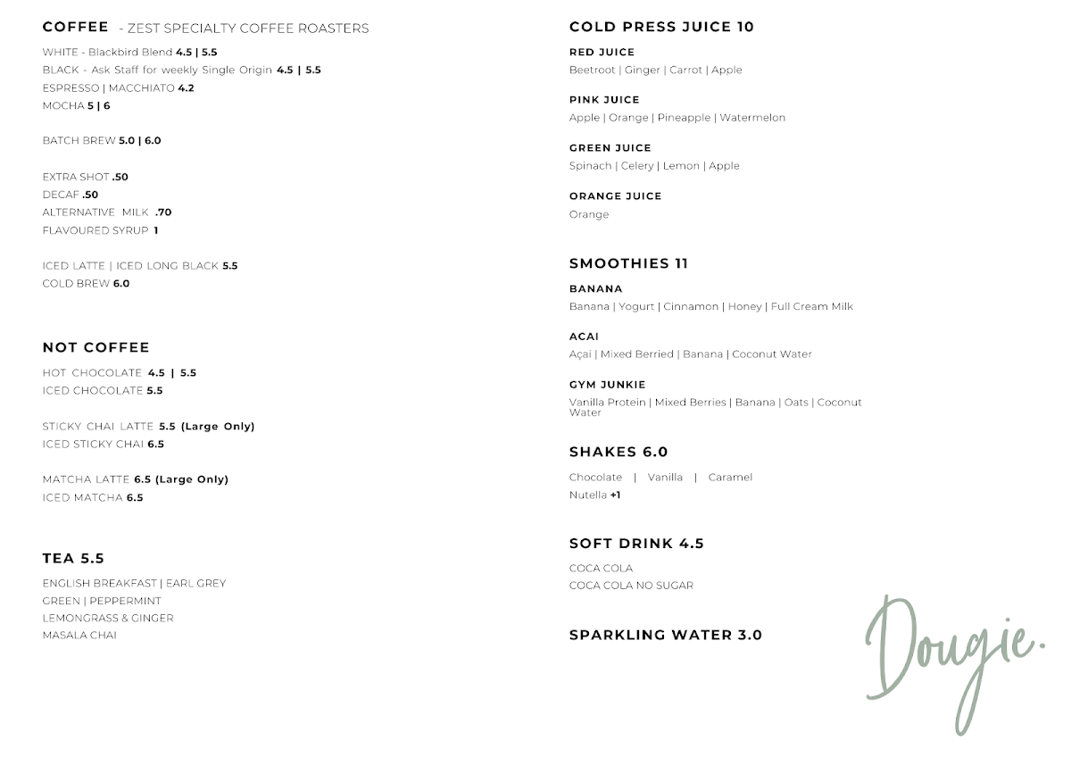 Menu, Cafe Dougie