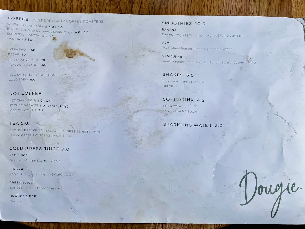 Menu, Cafe Dougie