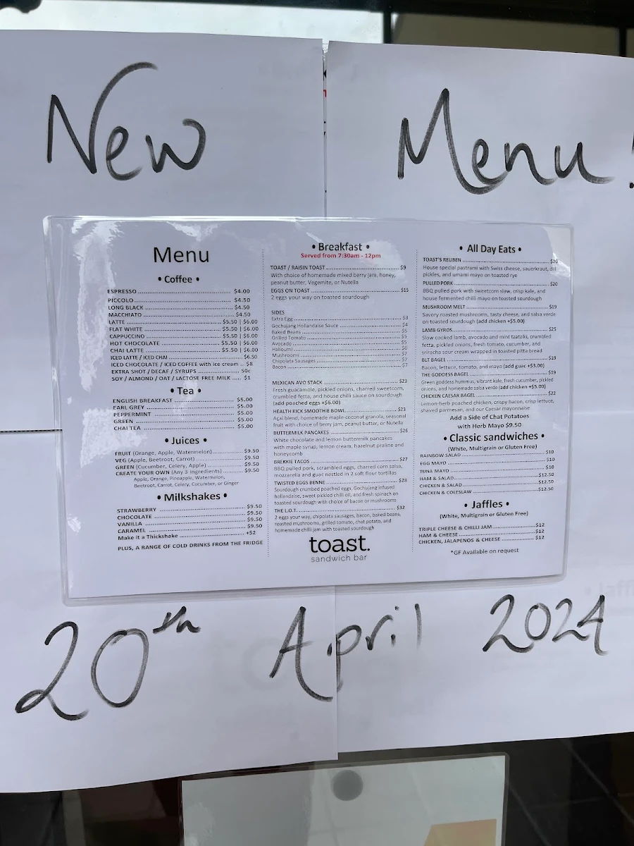 Menu, Toast Sandwich Bar