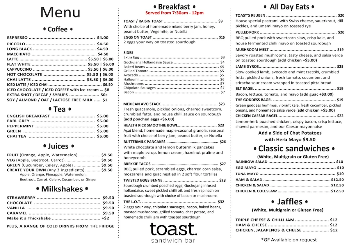 Menu, Toast Sandwich Bar