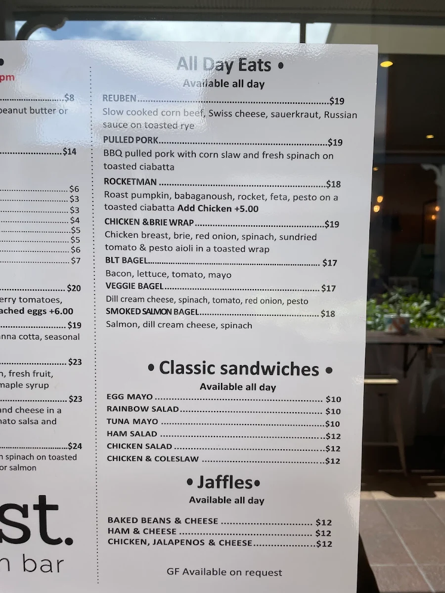 Menu, Toast Sandwich Bar