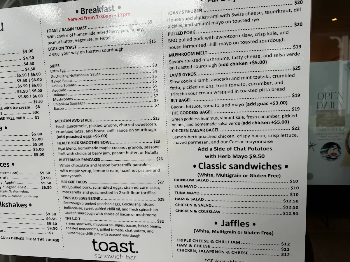 Menu, Toast Sandwich Bar