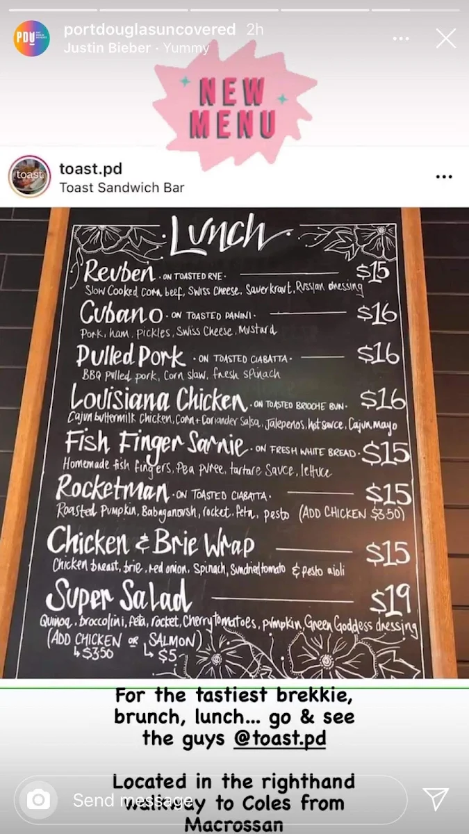 Menu, Toast Sandwich Bar