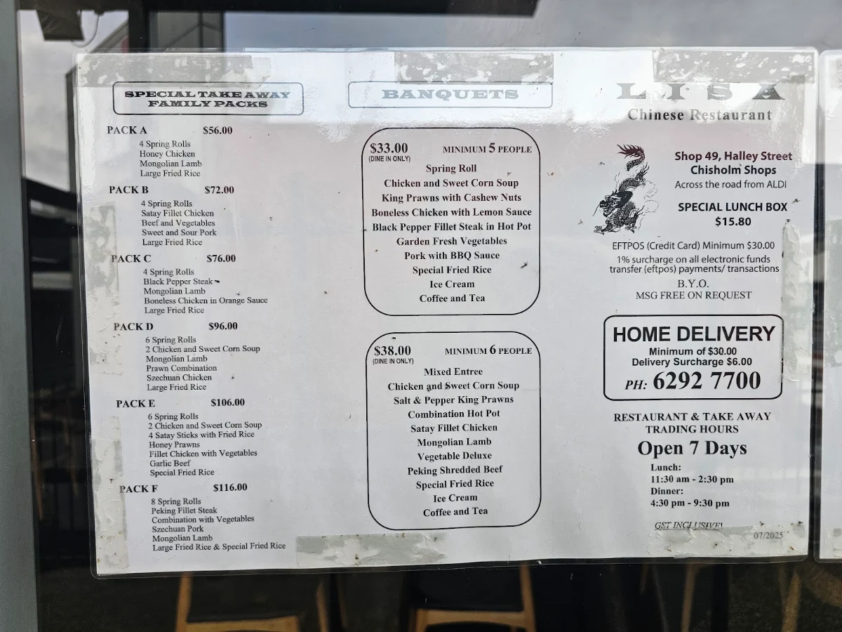 Menu, Lisa Chinese Restaurant