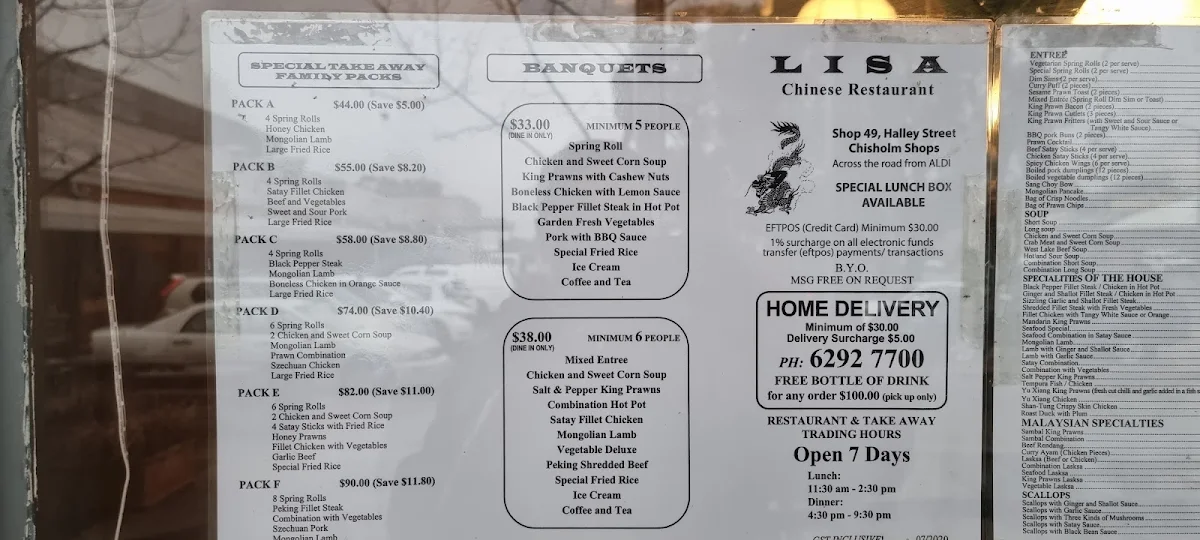 Menu, Lisa Chinese Restaurant